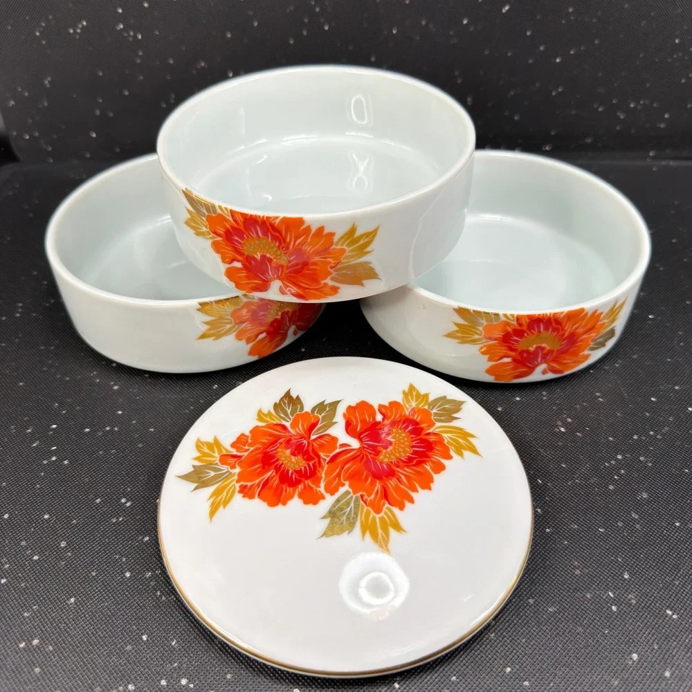 Vintage Otagiri Japan Porcelain 3 Tier Stacking Trinket Box Orange Peony Gold
